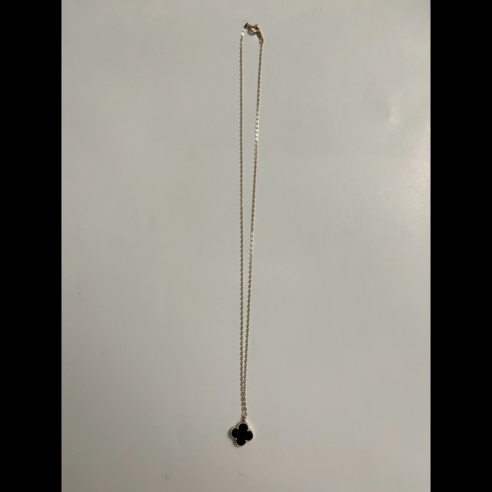 14k solid gold Necklace with black onyx four leaf clover pendant